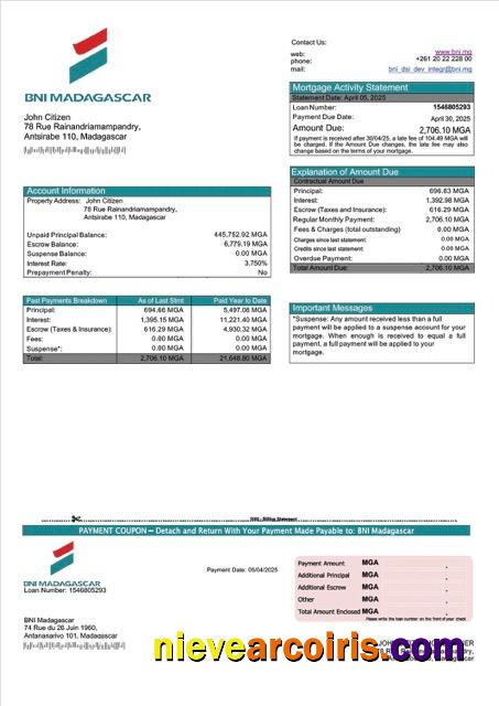 Madagascar BNI Madagascar mortgage statement Word and PDF template